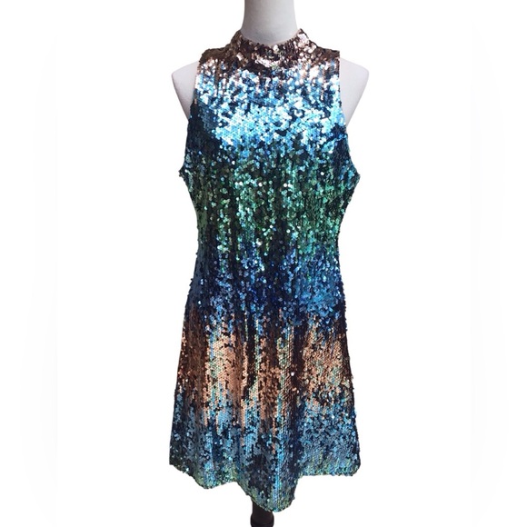Aidan Mattox Sequin Halter Shift Dress - Blue and Green - Picture 3 of 11